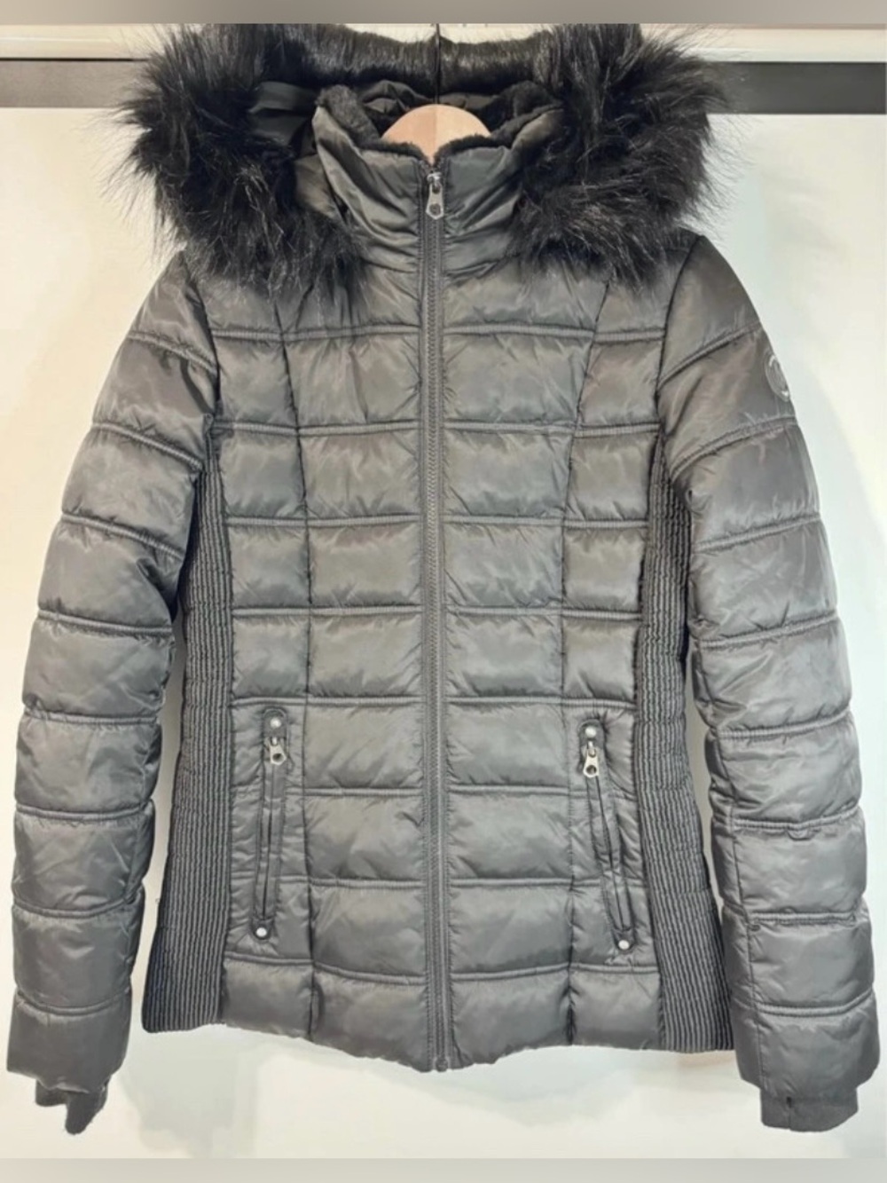 Nautica Black Hooded Puffer Coat Jacket Faux Fur Trim Water Resistant